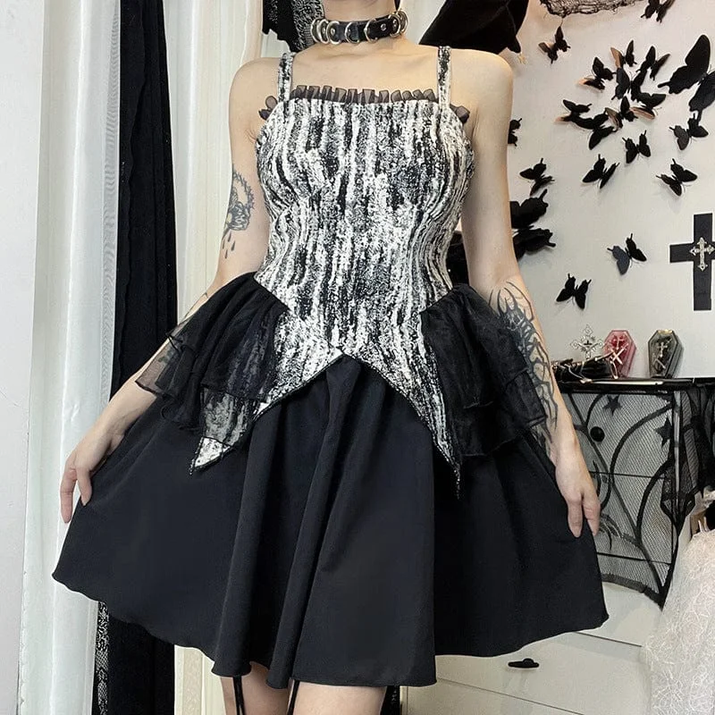 Short-sleeved Dresses for Summer -Women's Gothic Ruffled Mesh Splice Slip Dress