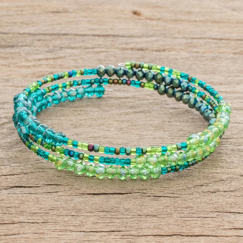 Bangles with topaz gems for icy blue -Ocean Siren Glass and Crystal Beaded Wrap Bracelet in Green