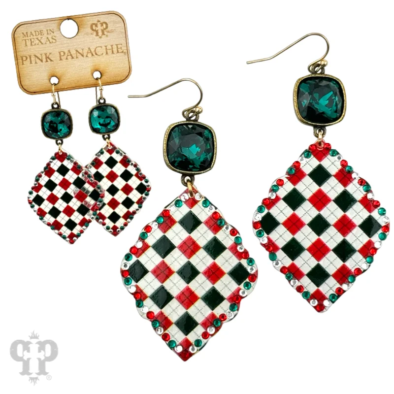 Rings with crescent moon for lunar charm -Christmas plaid diamond shape earring with Austrian crystal: Green