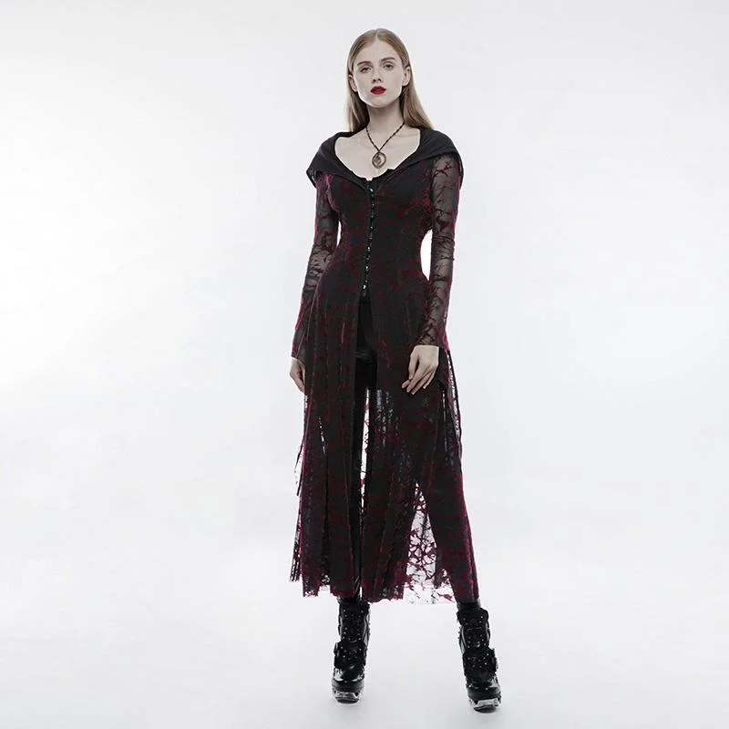 Wool Dresses for Warmth -Women's Gothic Ribbon Trim Sheer Lace Flame Long Dress