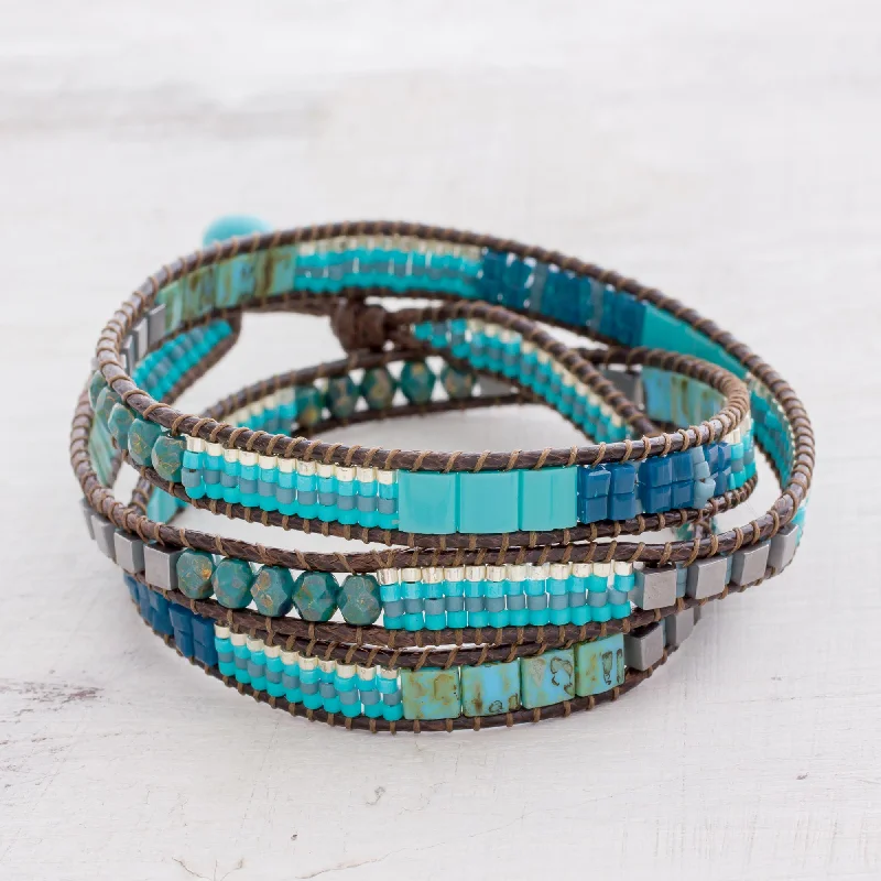 Silver bangles with polished mirror finish shine -Mayan Monolith Glass Beaded Wrap Bracelet in Turquoise from Guatemala