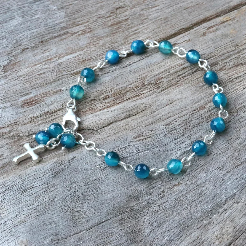 Bracelets with sleek topaz for icy shine -Watery Cross Blue Agate and Sterling Silver Cross Bracelet from Thailand