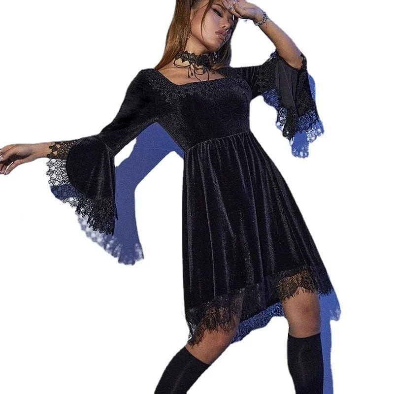 Contemporary Dresses for Fashion -Women's Gothic Flared Sleeved Lace Hem Velvet Dress