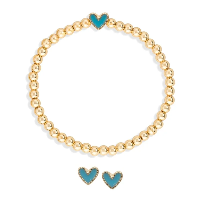 Bracelets with polished coral for vibrant shine -Heart Stretch Bracelet + Stud Earring Set in Blue