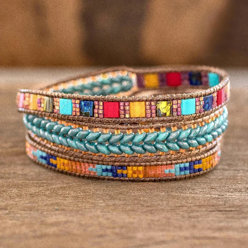 Bangles with twisted metal bands for flair -Country Market Multicolored Glass Beaded Wrap Bracelet from Guatemala