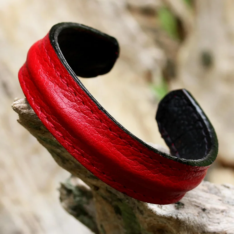 Bangles with vintage oxidized silver for charm -Simply Red Leather Bracelet