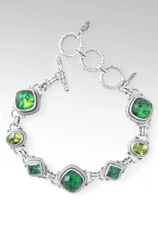 Bracelets with faceted aquamarine for sea glow -Heaven's Symphony Bracelet™ in Emerald Green Abalone & Quartz Triplet