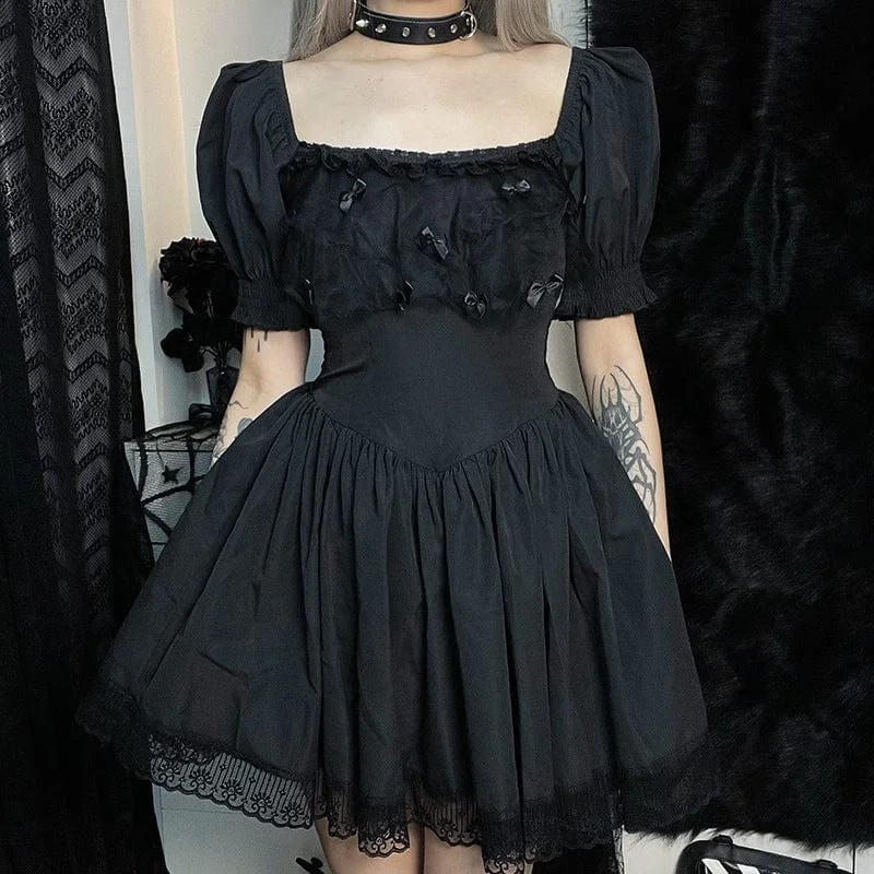 Embroidered Dresses for Detailed -Women's Gothic Bowknot Puff Sleeved Black Little Dress