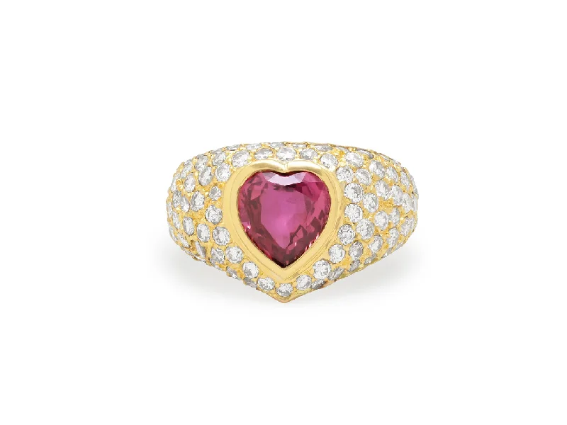 Rings with vine-wrapped bands for nature -Ruby Heart and Diamond Ring in 18K Gold