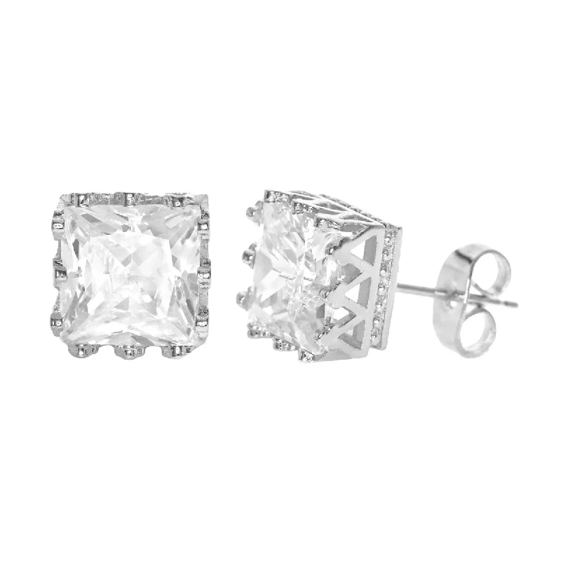 Rings with raw topaz for icy charm -Square Cubic Zirconia Screw Back Earring Silver