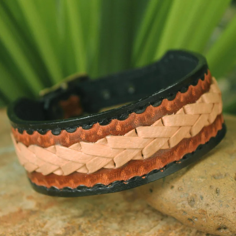 Bracelets with branch patterns for nature flair -Thai Cowboy Brass & Leather Men's Bracelet