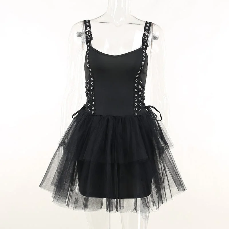 Gothic Dresses with Dark Tone -Women's Punk Mesh Splice Eyelet Layered Slip Dress