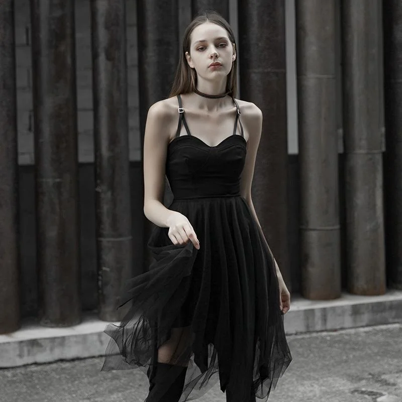 Retro Dresses for Throwback -Women's Punk Asymmetry Hem Mesh Slip Dress