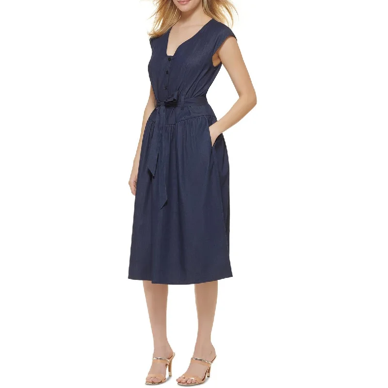 Formal Dresses for Occasions -DKNY Womens Half-button Belted Midi Dress