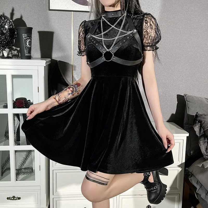 Birthday Dresses for Celebration -Women's Gothic Lace Sleeved Velet Dress with Pentagram Harness