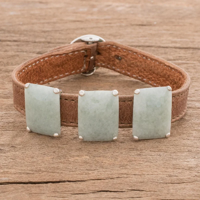 Bracelets with faceted aquamarine for sea glow -Inspiring Apple Green Beauty Jade and Leather Pendant Bracelet in Apple Green