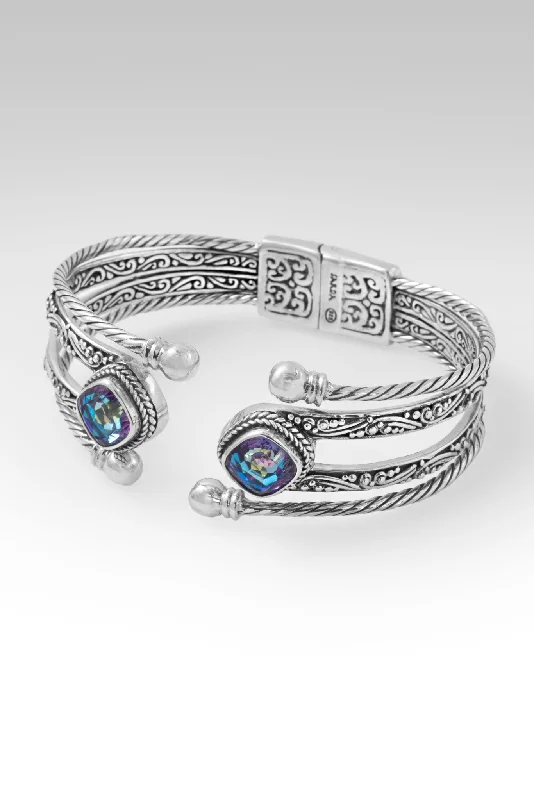 Silver bangles with polished mirror finish shine -Come What May Tip-to-Tip Bracelet™ in Xanadu™ Mystic Quartz