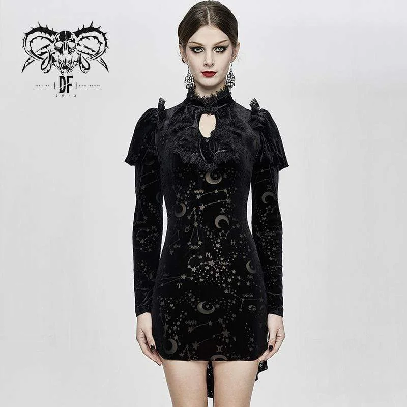 Evening Dresses for Formal Events -Women's Long Sleeved Before Long After Short Lace-edge Constellation Dresses