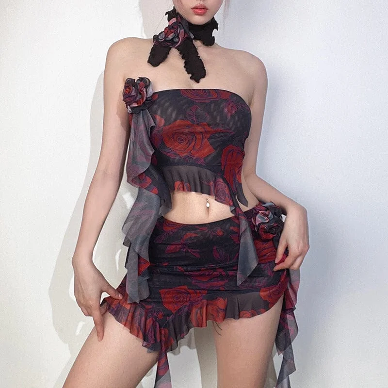 Prom Dresses for School Dance -Women's Grunge Irregular Rose Ruffled Dress with Neckwear