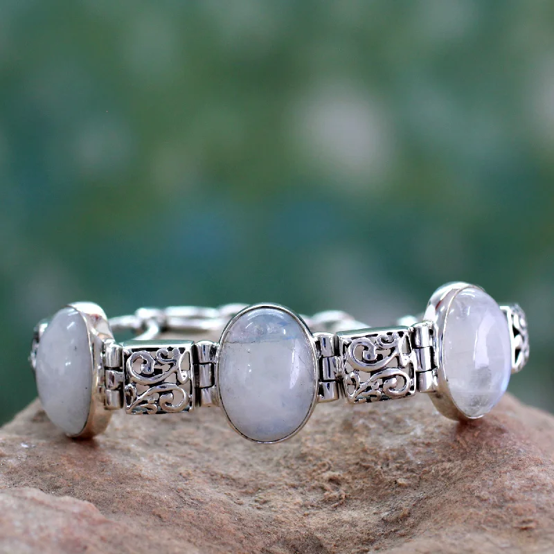 Bangles with herkimer diamonds for raw clarity -Floral Legends Artisan Crafted Moonstone Sterling Silver Bracelet