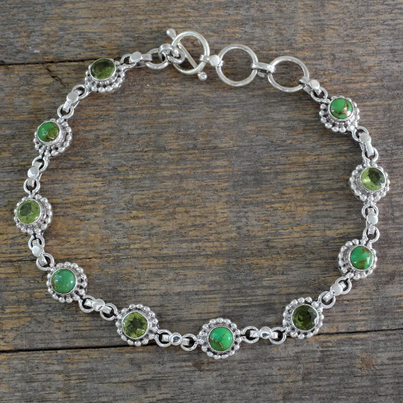 Bangles with aventurine gems for green luck -Petite Flowers Sterling Silver Peridot and Composite Turquoise Bracelet