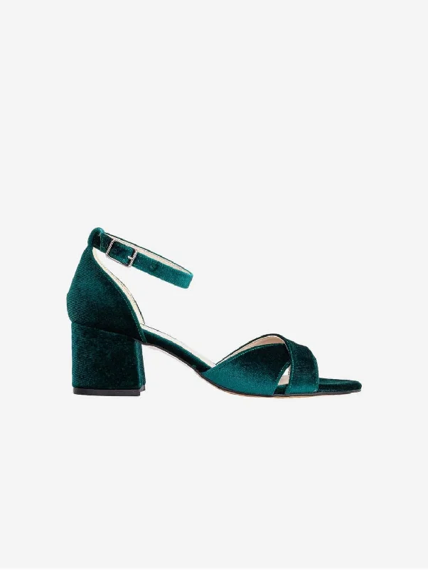 Elegant sandals for women with metallic straps and open-toe design for parties-Aurora Vegan Velvet Low Heel Sandals | Green