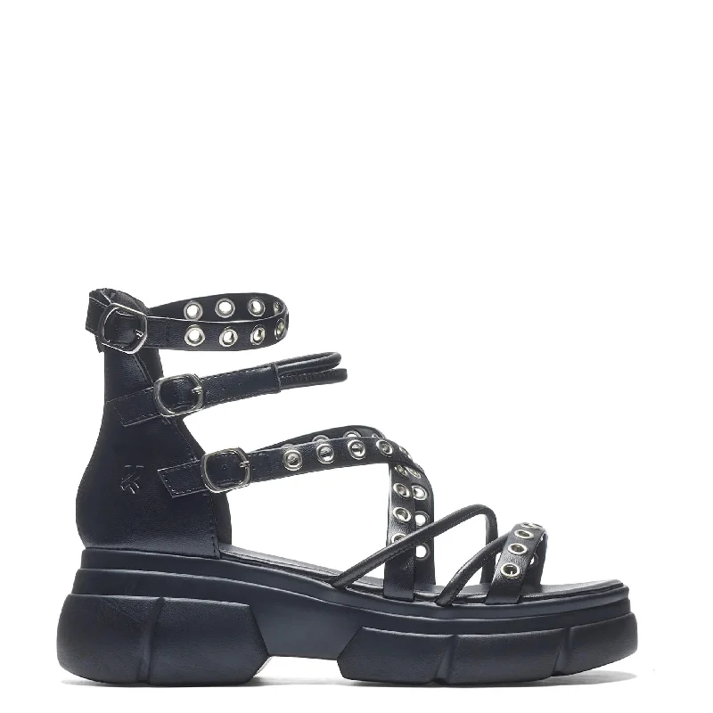 Comfortable sandals for women with adjustable Velcro straps for a perfect fit-Dark Writings Strappy Chunky Sandals - Black