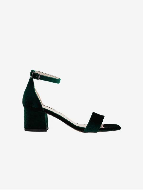 Comfortable sandals for women with contoured footbed and easy-to-adjust straps-Hera Vegan Velvet Ribbon Heeled Sandals | Emerald Green