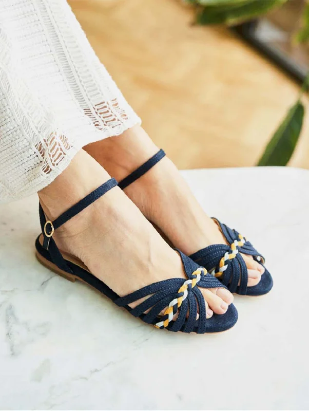 Waterproof sandals for women with durable straps and slip-resistant soles-Daffodil Vegan Suede Braid Detail Sandals | Midnight Blue