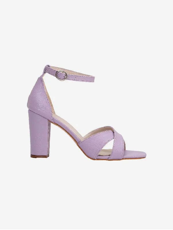 Stylish sandals for women with unique buckle details and flat design-Amelia Vegan Leather Heeled Sandals | Lavender