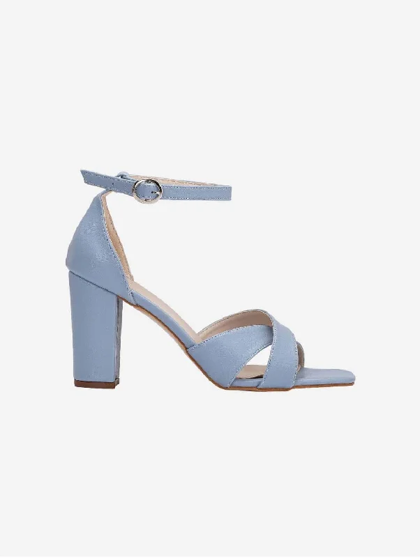 High-heeled sandals for women with strappy details and delicate ankle straps for elegance-Amelia Vegan Leather Heeled Sandals | Light Blue