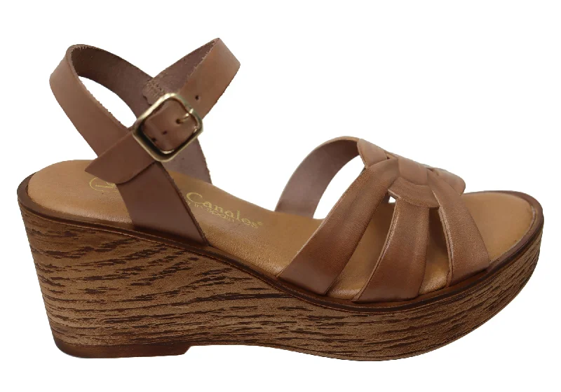 Comfortable sandals for women with contoured footbed and easy-to-adjust straps-Lola Canales Moment Womens Spanish Leather Wedge Sandals