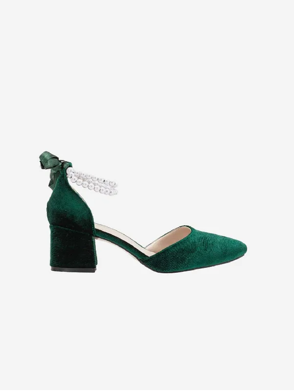 Elegant sandals for evening events with satin finish and embellished details-Miranda Vegan Velvet & Pearl Block Heel Sandals | Emerald Green