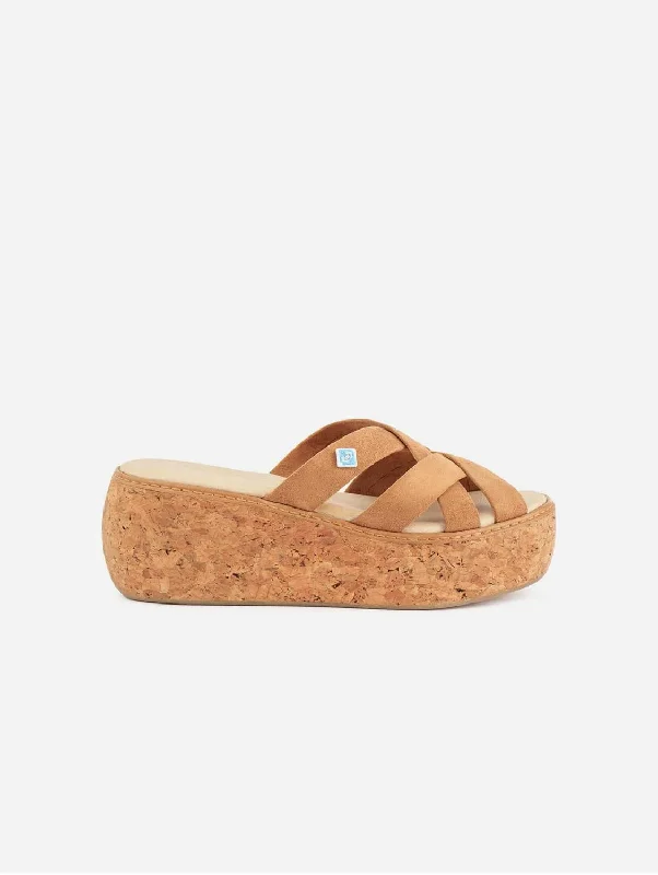 Comfortable sandals for women with wide fit options and soft cushioning for feet-My Strips Vegan Suede & Cork Wedge Sandals | Camel