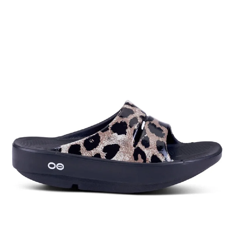 Stylish sandals for men with sporty design and cushioned footbed for maximum comfort-Oofos Women's Ooahh Luxe Limited Sandals Black Cheetah