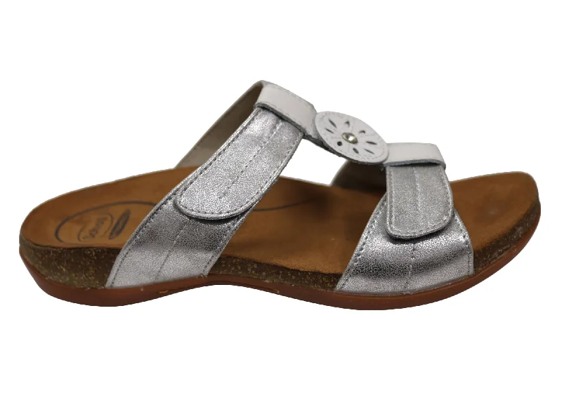 Stylish sandals for women with metallic leather straps and cushioned footbed-Scholl Orthaheel Alison Womens Comfortable Slides Sandals