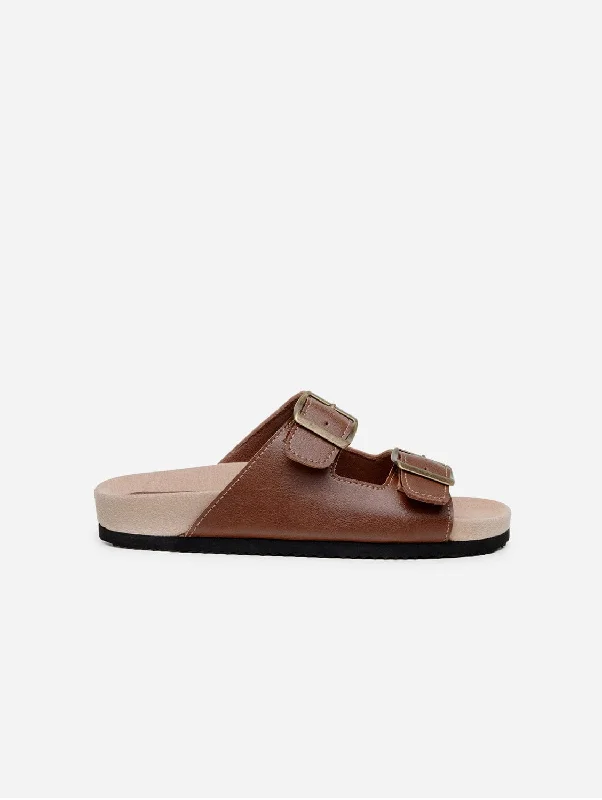 Casual sandals for women with bohemian-style straps and flat sole for comfort-Truda Unisex Vegan Leather Two-Strap Sandals | Chestnut Brown