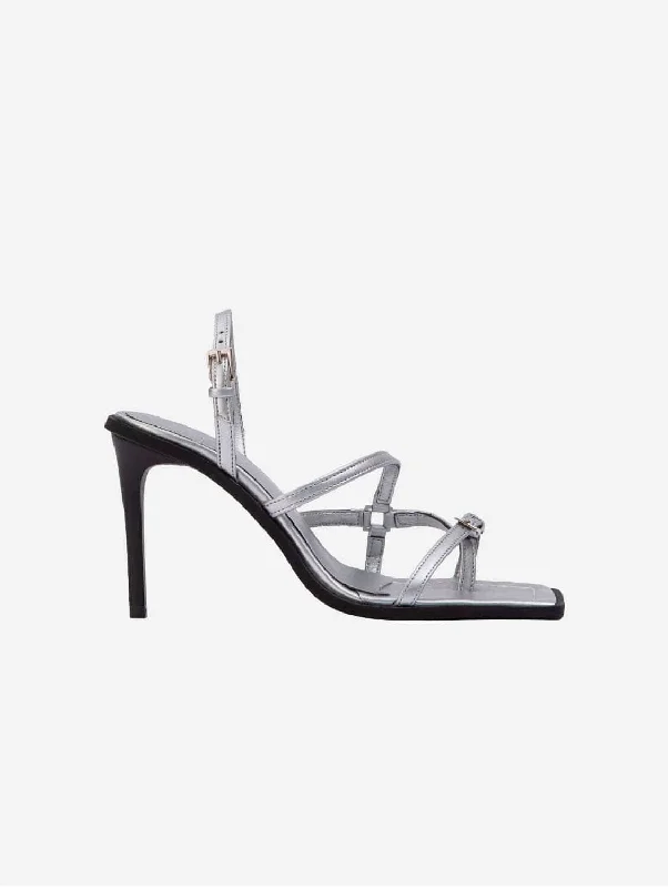 Trendy sandals for women with gladiator style and buckle details for flair-Vicki Vegan Apple Leather Heeled Sandals | Silver