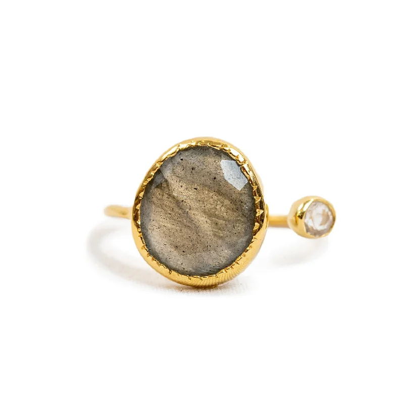 Beautiful necklaces and pendants with moon and star charms for a dreamy effect-Gold Plated Oval Labradorite Ring with Small Moonstone