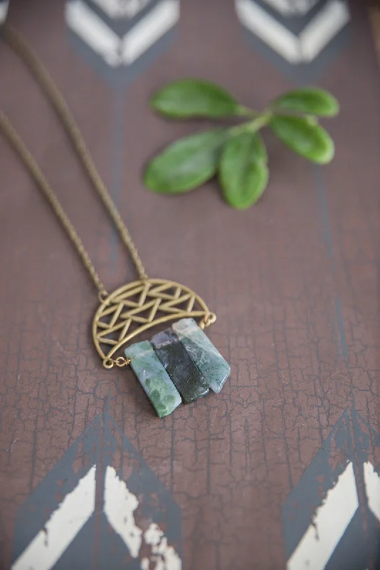 Personalized necklaces and pendants with coordinates for a meaningful location-based gift-Moss Agate Crescent  Necklace