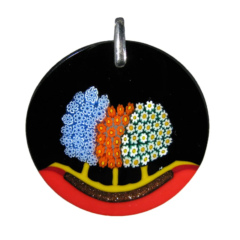 Necklaces and pendants with matching rings for a coordinated set of jewelry-Multicolor Black Murrina Trees Murano glass round pendant