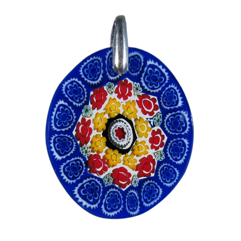 Necklaces and pendants with lotus flower designs for a spiritual, peaceful vibe-Multicolor Blue Murrina Millefiori Murano glass oval pendant (20)