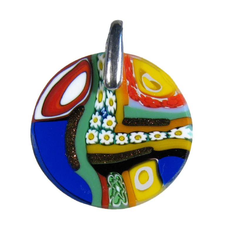 Necklaces and pendants with matching rings for a coordinated set of jewelry-Multicolor Blue Small Murrina Quadrone Murano glass round pendant