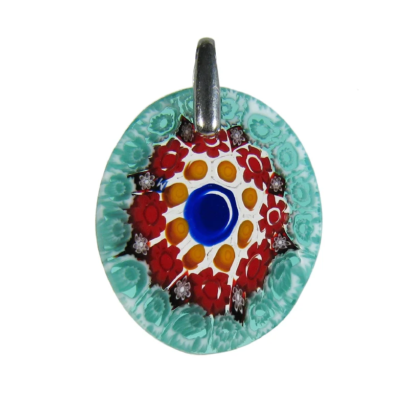 Fashionable necklaces and pendants with birthstones for a personalized gift idea-Multicolor Green Murrina Millefiori Murano glass oval pendant (20)