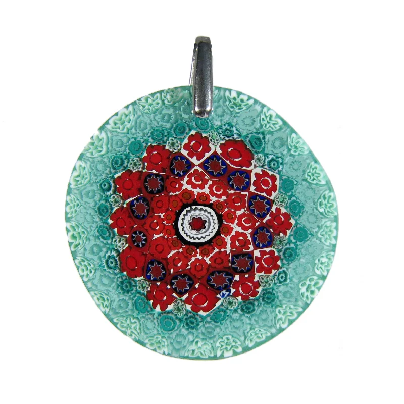 Best necklaces and pendants with matching rings for a coordinated jewelry set-Multicolor Green Murrina Millefiori Murano glass round pendant (27) ⌀ 36 mm