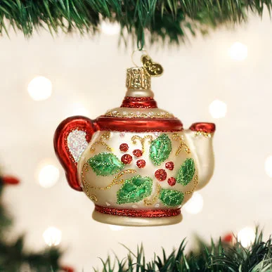 Necklaces and pendants with diamond pendants for a luxurious sparkling effect-Old World Christmas - Holly Teapot