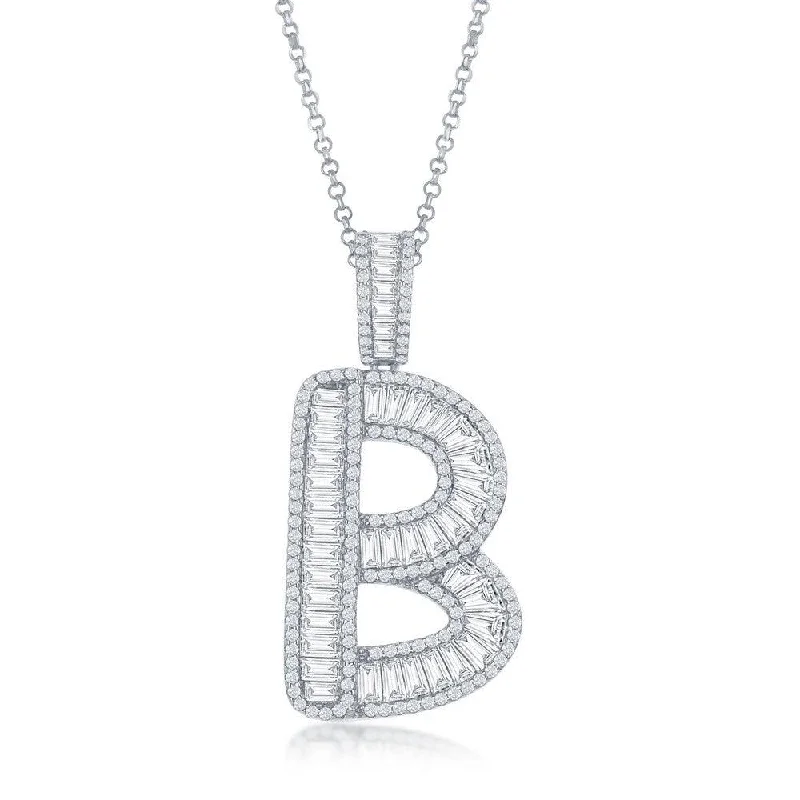 Best necklaces and pendants with intricate beadwork for a bohemian-inspired look-Sterling Silver B Initial Baguette CZ Pendant Chain