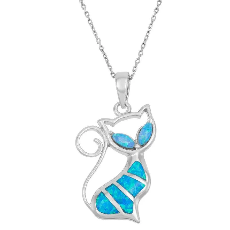 Best necklaces and pendants with vintage lockets for a nostalgic, sentimental look-Sterling Silver Blue Inlay Opal Cat Pendant