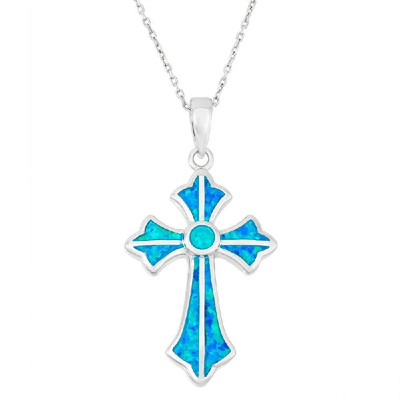 Stylish necklaces and pendants with diamonds for a glamorous and elegant look-Sterling Silver Blue Inlay Opal Fancy Cross Pendant