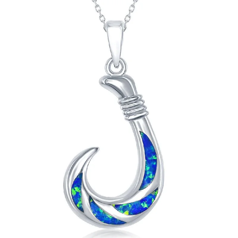 Stunning necklaces and pendants with birthstone pendants for a personal touch-Sterling Silver Blue Inlay Opal Fish Hook Pendant